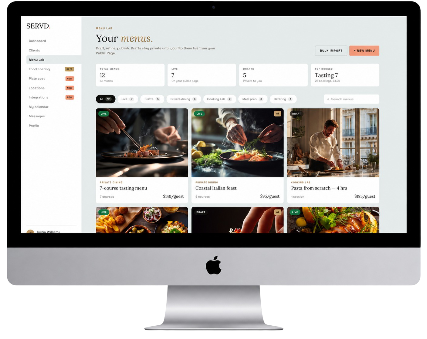 The Studio Menu Lab dashboard on an iMac — chef's menu library with food photo cards, status pills, and a sidebar showing every Studio tab.
